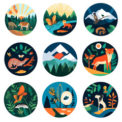 Collection of Wildlife Scenes in Colorful Circle Badges, Animals and Nature