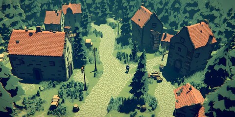 Village Amidst Forest: Aerial perspective captures a quaint village nestled amongst a dense forest, showcasing the charming houses with red-tiled roofs lining a cobblestone path.