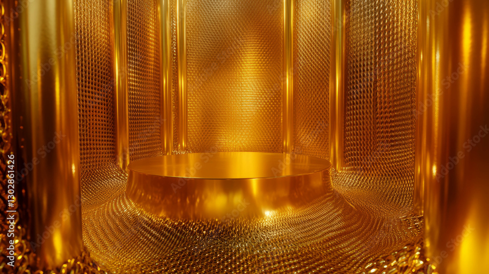 Poster elegant gold podium with chainmail texture for luxurious display design