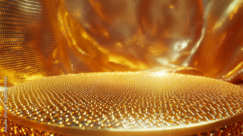 Poster Luxurious gold podium with chainmail texture on shimmering background