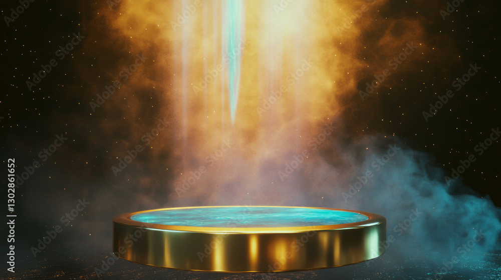Aufkleber futuristic gold podium with holographic projection in mystical atmosphere for design and innovation 