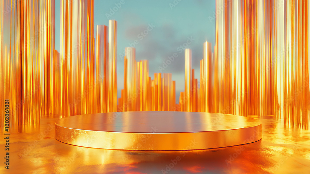 Poster luxurious gold podium with polished surface and reflective background for elegant design concepts