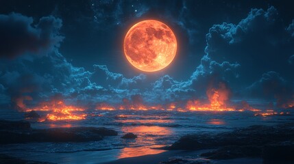 a scenic night view features a glowing full moon a rugged landscape with fiery embers and dramatic clouds this atmospheric setting evokes mystery and wonder under a stunning starry sky