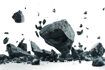 Suspenseful image of a black rock stone in descent isolated on transparent background
