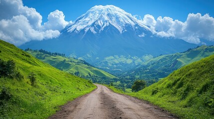 a scenic view of a towering snow capped mountain surrounded by lush green hills and a winding path framed by a serene blue sky with soft white clouds in a vibrant natural landscape