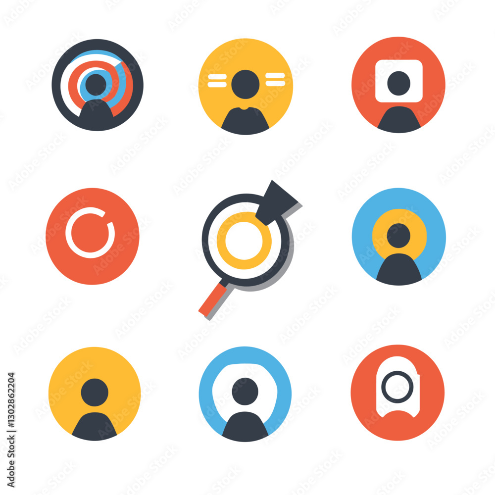 Poster flat design icons featuring profile avatars and target analysis symbols