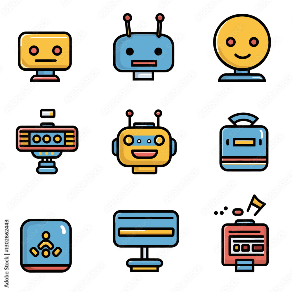 Poster colorful robot heads set icon. different retro robots. vector design