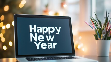 Laptop showing happy new year message with christmas lights in background
