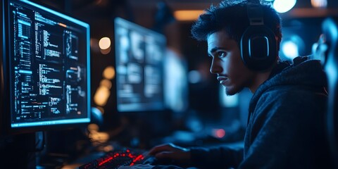 Code of Focus: A young man deeply engrossed in his coding, the screen reflecting the digital world. Focused and dedicated, with headphones on, embodying the tech-savvy mindset.