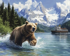 Grizzly Bear Wading Through Water Near Majestic Mountain Scenery