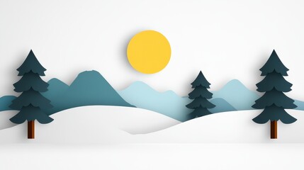 Paper Art Winter Mountain Landscape Yellow Sun, Dark Green Trees, Snowy Hills