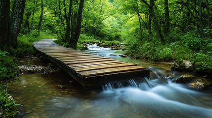 Fototapeta premium Lush green organic pathway bridge over natural stream in serene forest landscape