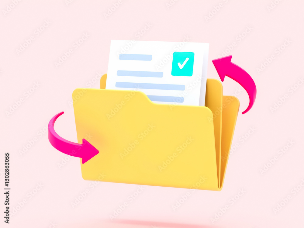 Poster 3d render of yellow folder with document and pink arrows suggesting data transfer