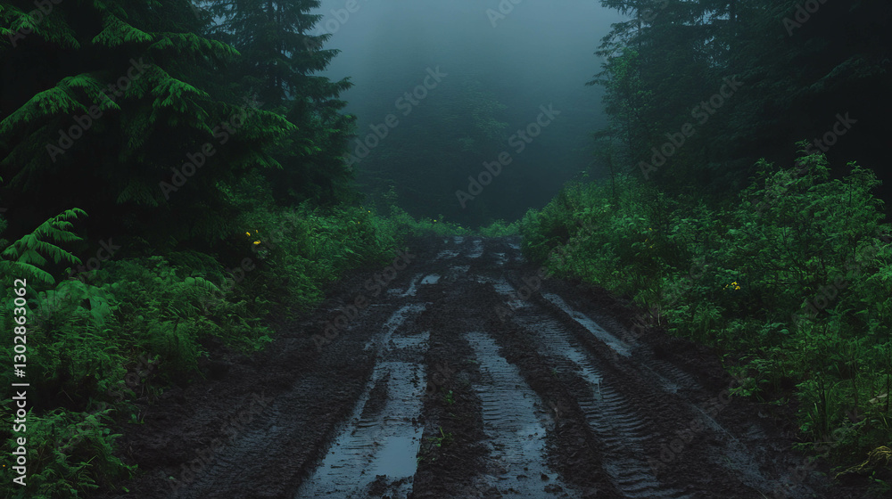 Poster misty forest path with deep tire tracks and lush greenery