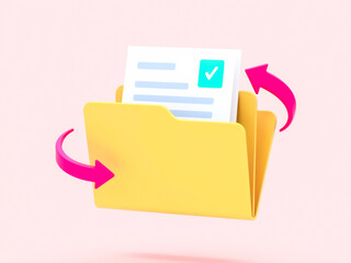 3d render of yellow folder with document and pink arrows suggesting data transfer
