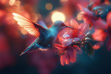 Obraz premium a painting of a hummingbird flying over a flower with a pink flower in the foreground and a green and red flower in the background