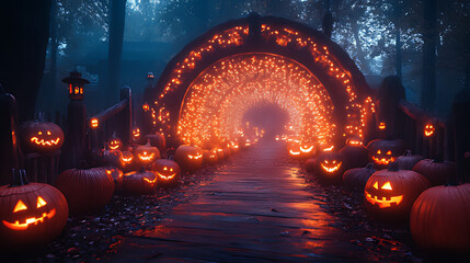 Halloween pumpkins illuminate mystical forest archway