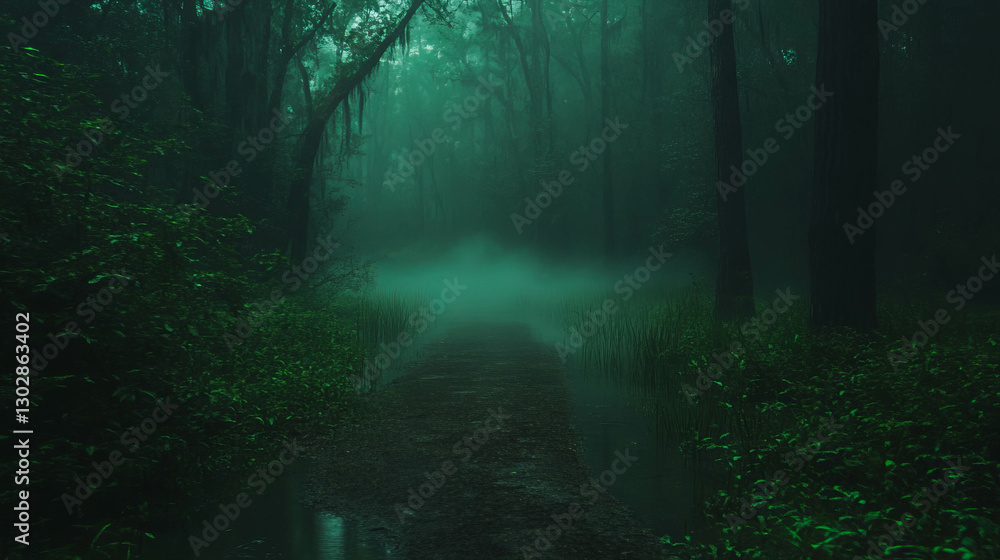 Poster mysterious pathway through enchanted swamp forest with misty atmosphere