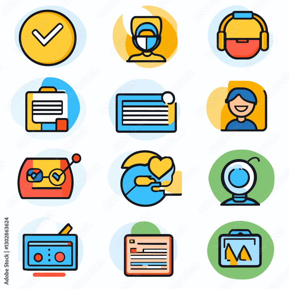 Poster collection of simple line art icons representing modern digital concepts