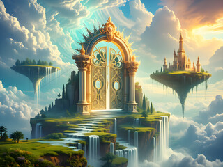 Celestial Kingdom in the Sky: Grand Pearly Gates, Shimmering Waterfalls, and Radiant Rainbow Light Among Floating Islands.