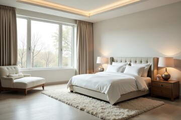 Serene Bedroom Interior Design Featuring a Luxurious Upholstered Bed, Plush Rug, and Large Window with Natural Light