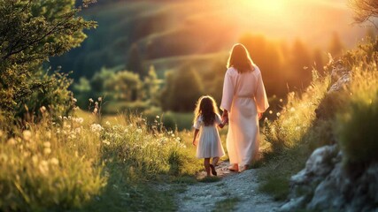 Jesus leading a young girl toward the light in a peaceful and serene environment