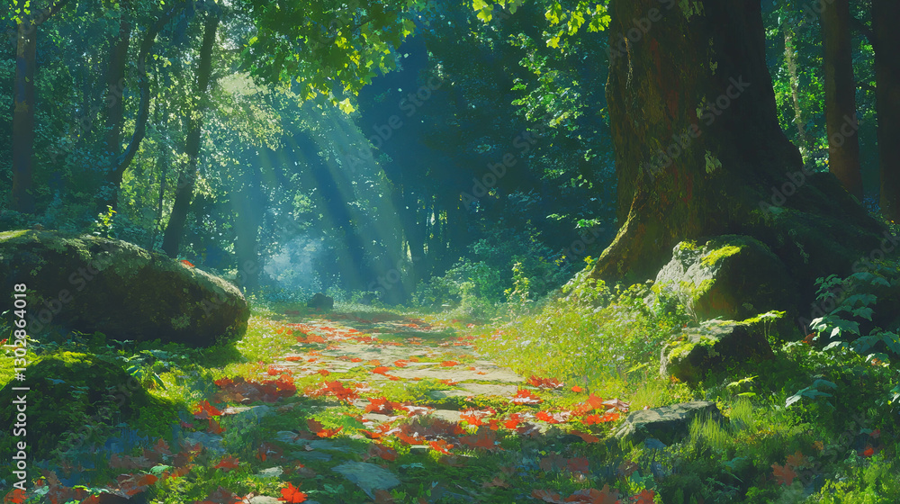 Poster tranquil forest path with sunlight filtering through trees in serene woodland setting