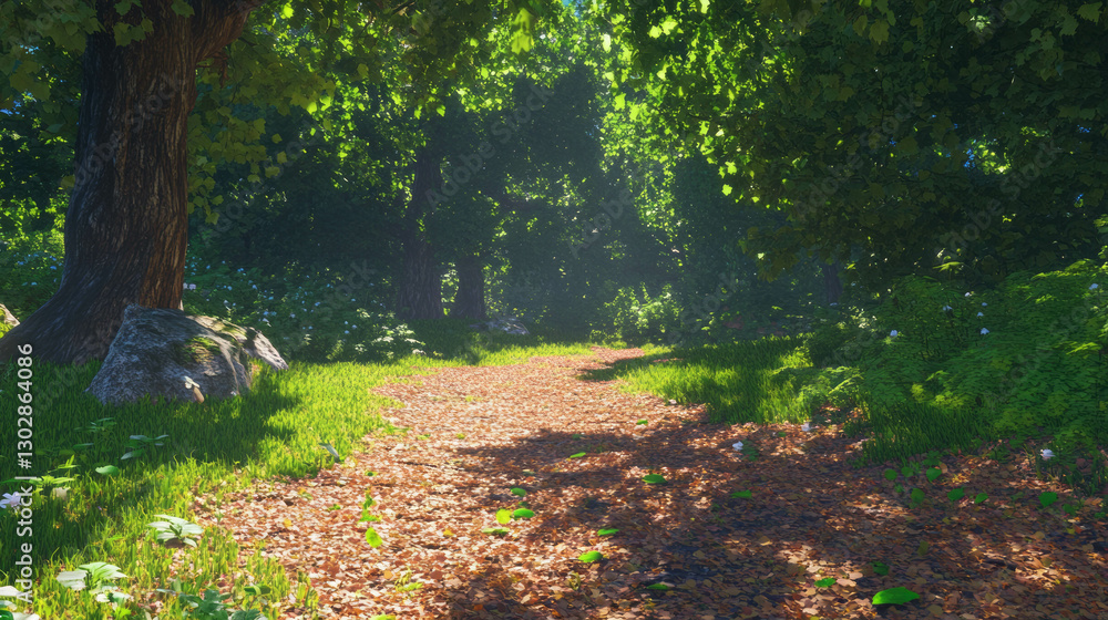 Poster Serene forest path with sunlight filtering through trees for nature and relaxation themes