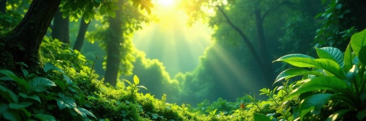Fototapeta premium Sunlight filtering through dense, emerald green jungle , photo, rainforest, scenic