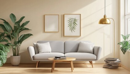 Sunlit living room with grey sofa, plants, and gold lamp.