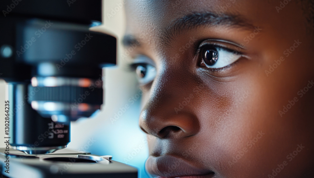 Poster close-up view of an african american boy with a focused expression, examining a specimen through a m