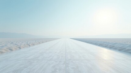 Endless White Road Leading to a Hazy Horizon Under a Bright Sun
