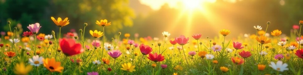 Sunlit meadow explodes with colorful wildflowers, scene, sunny, petals