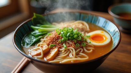 A steaming bowl of ramen is presented on a wooden table, featuring rich broth, tender noodles, sliced meat, a soft-boiled egg, and fresh green onions, surrounded by a warm, inviting atmosphere