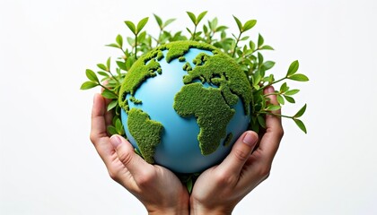 Hands holding green globe surrounded by plants