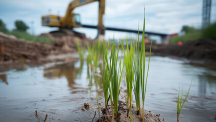 Green grasses grow in shallow water, showcasing resilience amidst ongoing construction in the background at a development area