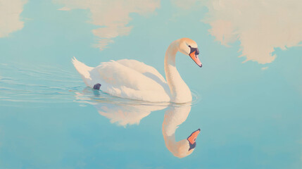 Fototapeta premium Graceful swan swimming elegantly in a tranquil lake reflecting sky