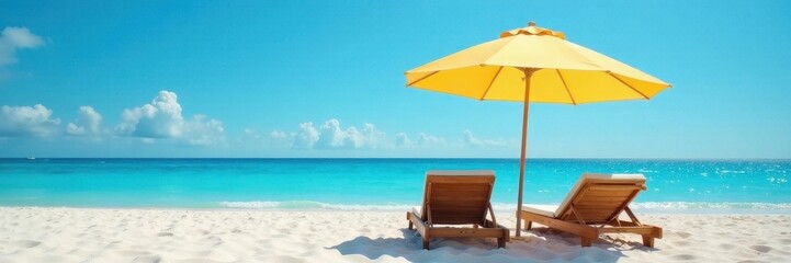 Two sunbeds under beach umbrella, clear blue sky, day, sky, outdoor