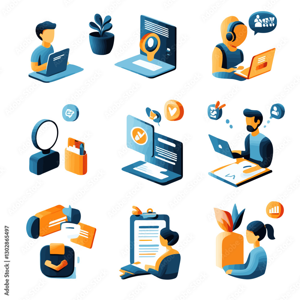 Poster business people on computers in an office isometric vector concept
