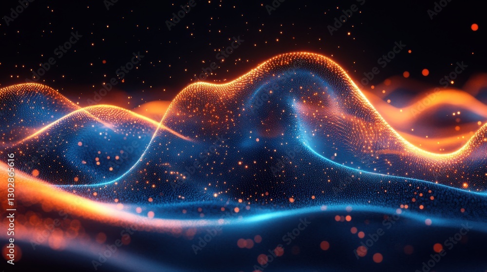 Poster a visually captivating digital abstract featuring vibrant blue and orange lines forming wave like patterns conveying futuristic technology and dynamic energy background