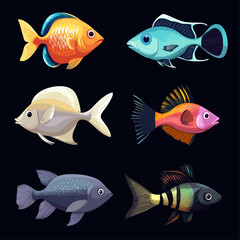 Colorful Diverse Fish Grouping Isolated on Black Background Graphic Elements