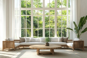 Fototapeta premium Sunlit living room with large window, wooden furniture, and plants.