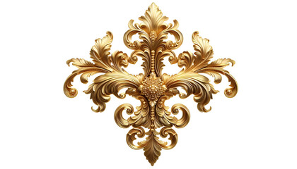 Luxurious golden decorative element with intricate floral designs on transparent background, antique gold ornament