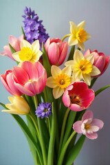 Obraz premium Vibrant spring bouquet, tulips, daffodils, hyacinths, mixed bouquet, arrangement, daffodils