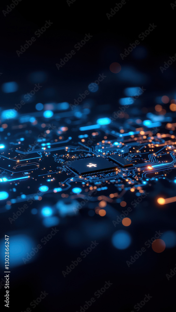Poster a close-up photo of a microchip under blue led lights with a focus on cybersecurity and devops theme