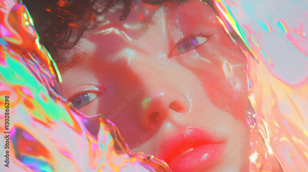 Poster vibrant unique portrait with colorful abstract reflections