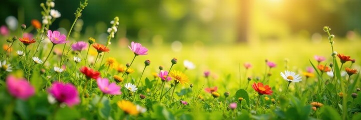 Vibrant wildflowers in lush meadow, sunny day, sun, white, meadow