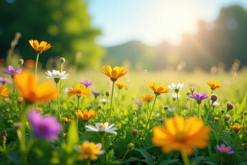 Obraz premium Vibrant wildflowers carpet sun-drenched meadow, landscape, vibrant, graphic