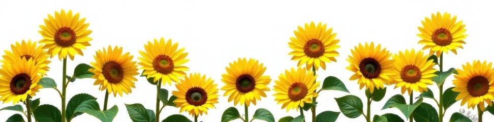 Fototapeta premium Vibrant yellow sunflowers in full bloom, isolated on white , vector, leaves, agriculture