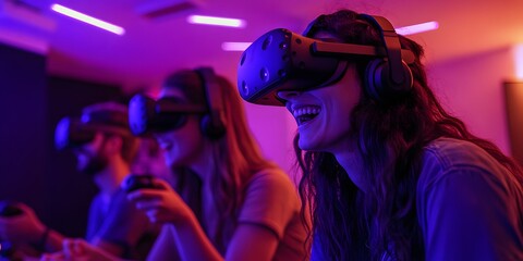 Immersed in Virtual Worlds: A group of friends experience the thrill of virtual reality, their faces alight with laughter and joy as they navigate a digital landscape.  